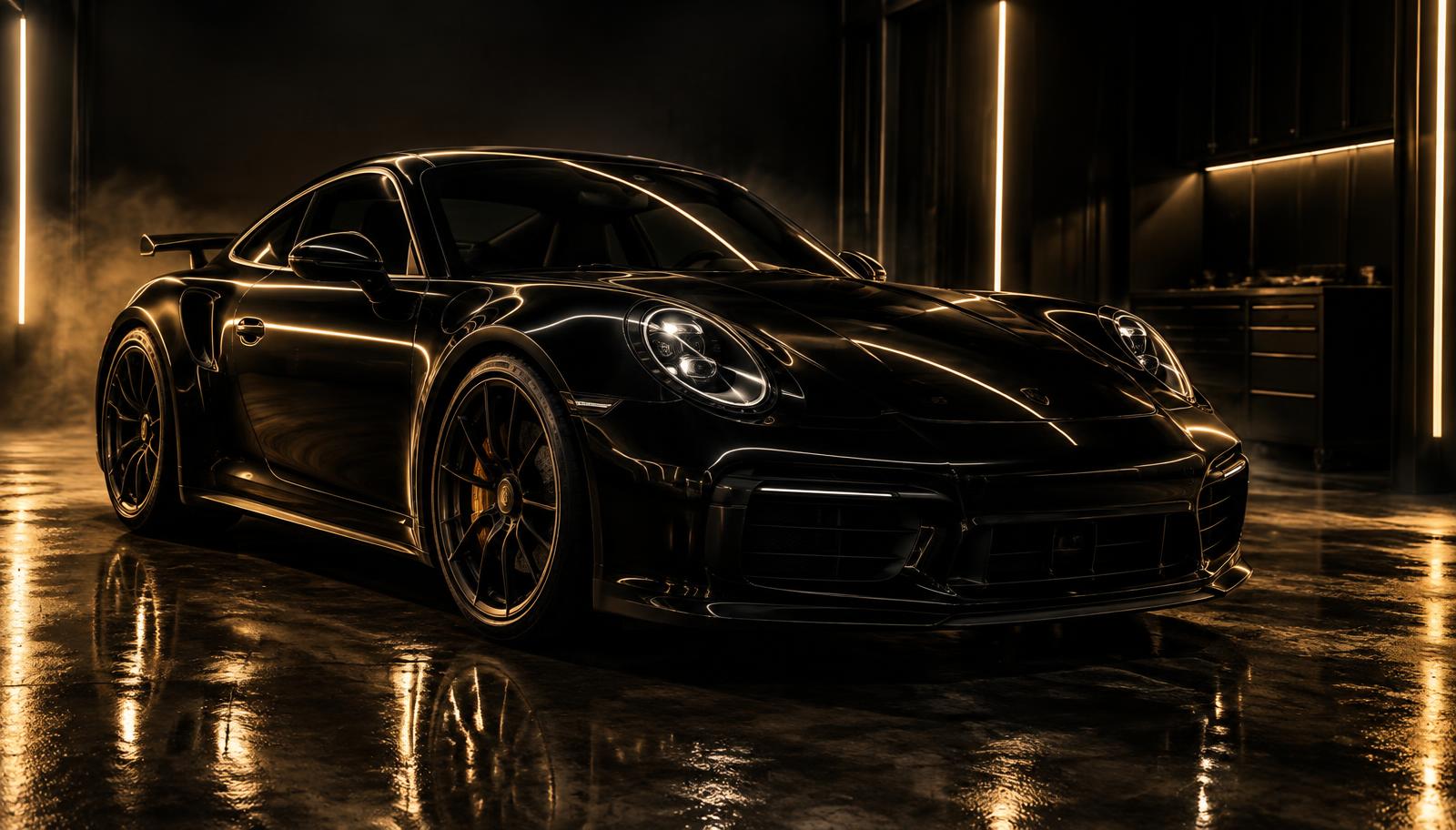 A black sports coupe under gold studio lighting in the Wax Monkey London bay